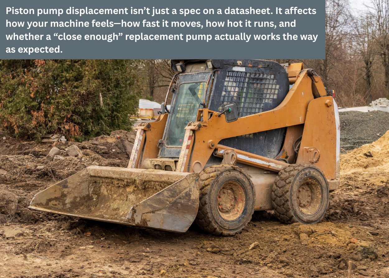 Skid steer loader operating on a dirt jobsite showing signs of heavy wear and demanding use conditions. Caption: Piston pump displacement isn’t just a spec on a datasheet. It affects how your machine feels—how fast it moves, how hot it runs, and whether a “close enough” replacement pump actually works the way as expected.